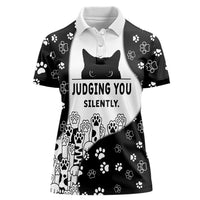 Judging You Silently Women Polo Shirt Black Cat Playful Monochrome Paw Print
