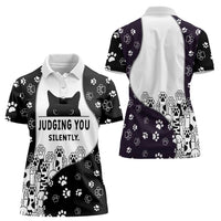 Judging You Silently Women Polo Shirt Black Cat Playful Monochrome Paw Print