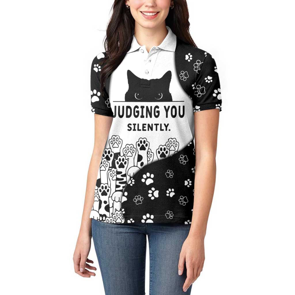 Judging You Silently Women Polo Shirt Black Cat Playful Monochrome Paw Print