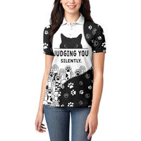 Judging You Silently Women Polo Shirt Black Cat Playful Monochrome Paw Print