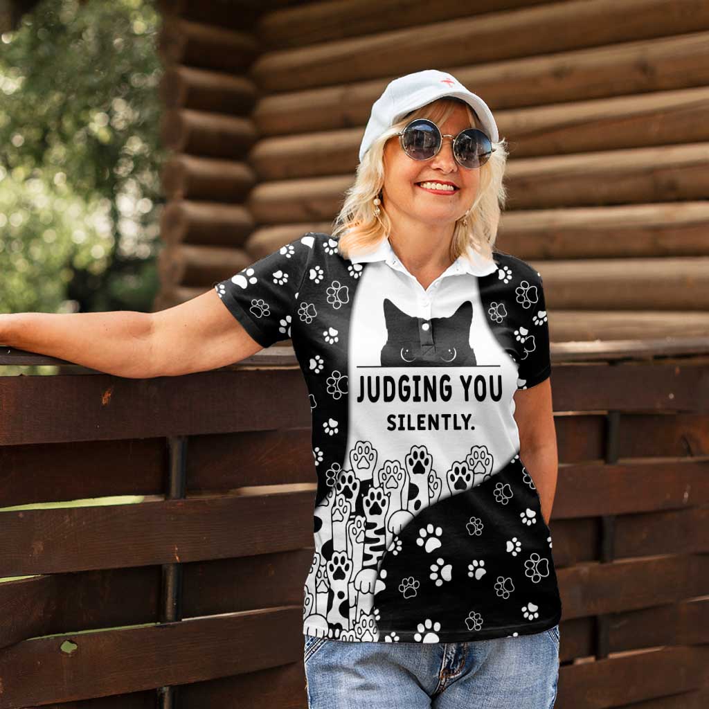 Judging You Silently Women Polo Shirt Black Cat Playful Monochrome Paw Print
