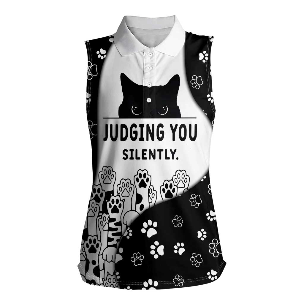 Judging You Silently Women Sleeveless Polo Shirt Black Cat Playful Monochrome Paw Print