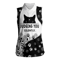 Judging You Silently Women Sleeveless Polo Shirt Black Cat Playful Monochrome Paw Print