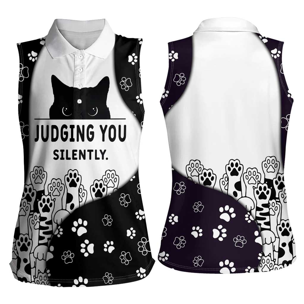 Judging You Silently Women Sleeveless Polo Shirt Black Cat Playful Monochrome Paw Print