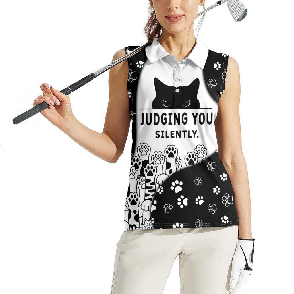 Judging You Silently Women Sleeveless Polo Shirt Black Cat Playful Monochrome Paw Print