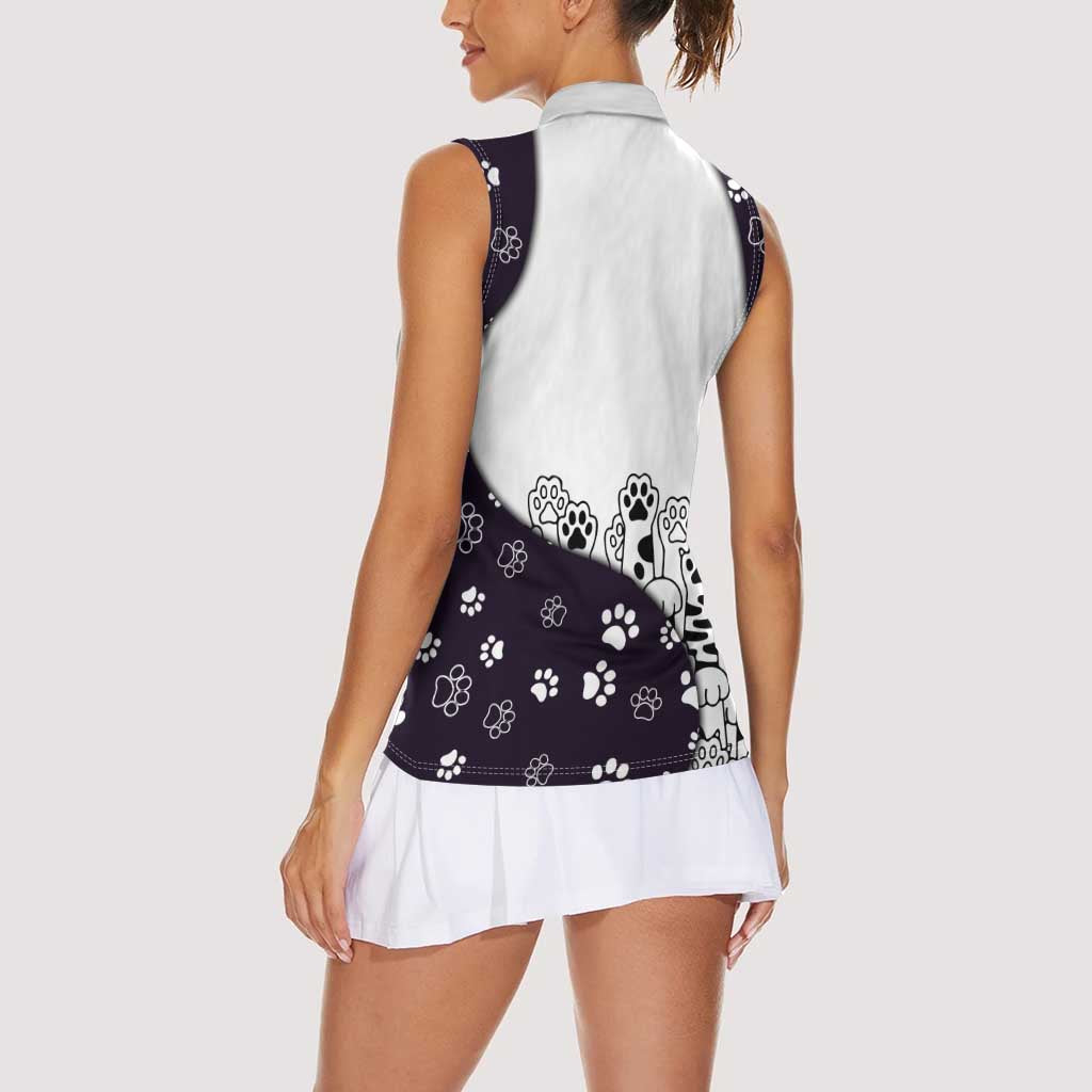 Judging You Silently Women Sleeveless Polo Shirt Black Cat Playful Monochrome Paw Print