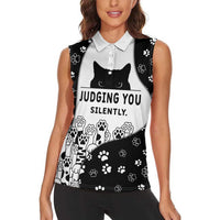 Judging You Silently Women Sleeveless Polo Shirt Black Cat Playful Monochrome Paw Print