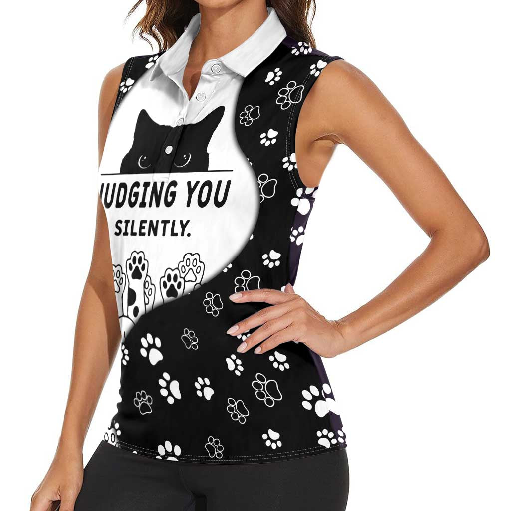 Judging You Silently Women Sleeveless Polo Shirt Black Cat Playful Monochrome Paw Print