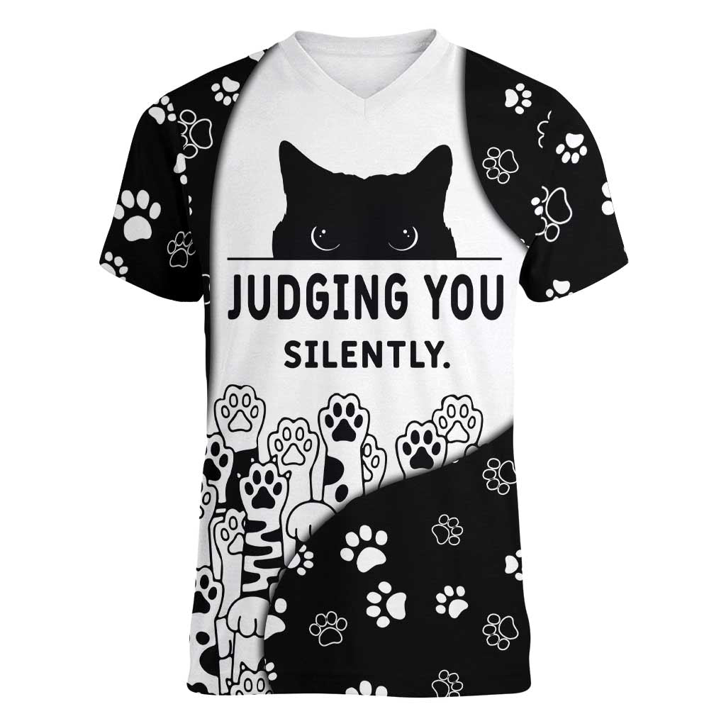 Judging You Silently Women V-Neck T-Shirt Black Cat Playful Monochrome Paw Print