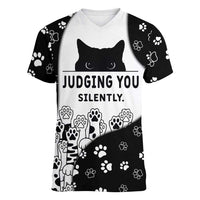 Judging You Silently Women V-Neck T-Shirt Black Cat Playful Monochrome Paw Print