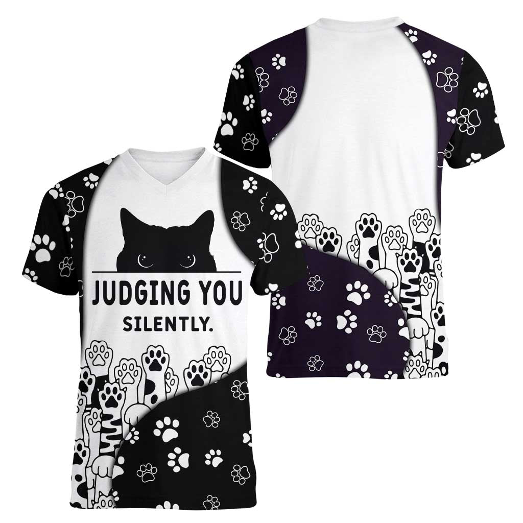 Judging You Silently Women V-Neck T-Shirt Black Cat Playful Monochrome Paw Print