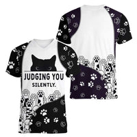 Judging You Silently Women V-Neck T-Shirt Black Cat Playful Monochrome Paw Print