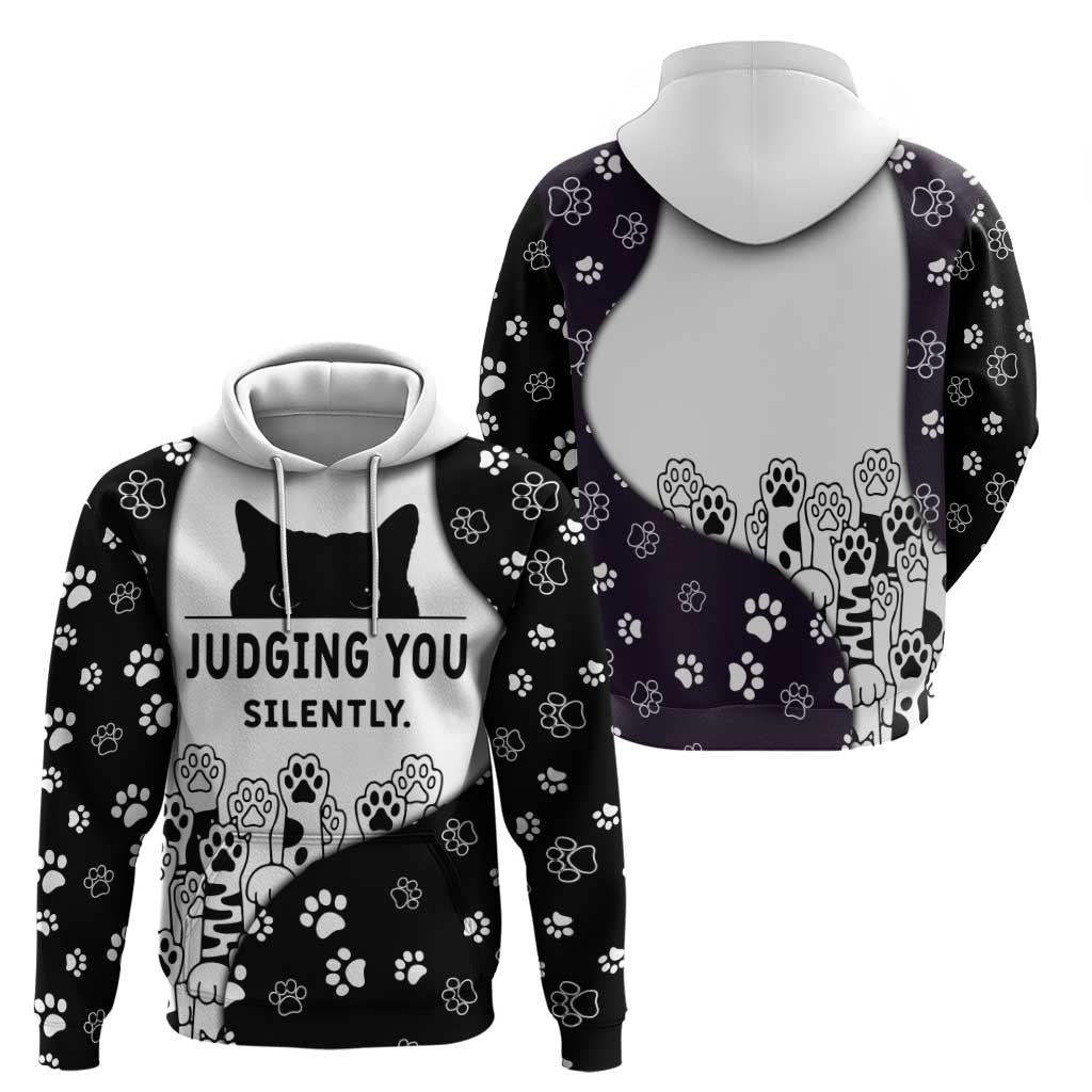Judging You Silently Zip Hoodie Black Cat Playful Monochrome Paw Print