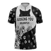 Judging You Silently Zipper Polo Shirt Black Cat Playful Monochrome Paw Print