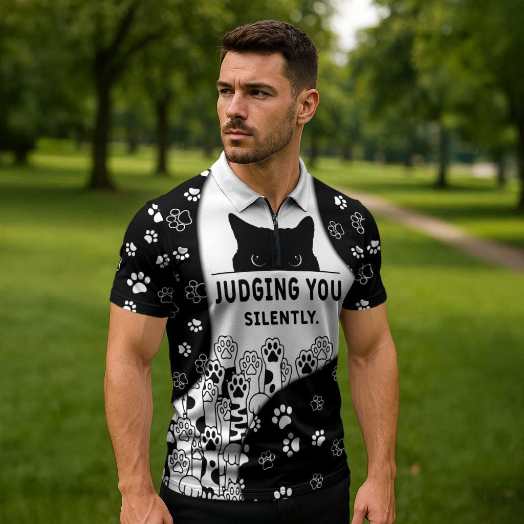 Judging You Silently Zipper Polo Shirt Black Cat Playful Monochrome Paw Print
