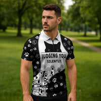 Judging You Silently Zipper Polo Shirt Black Cat Playful Monochrome Paw Print