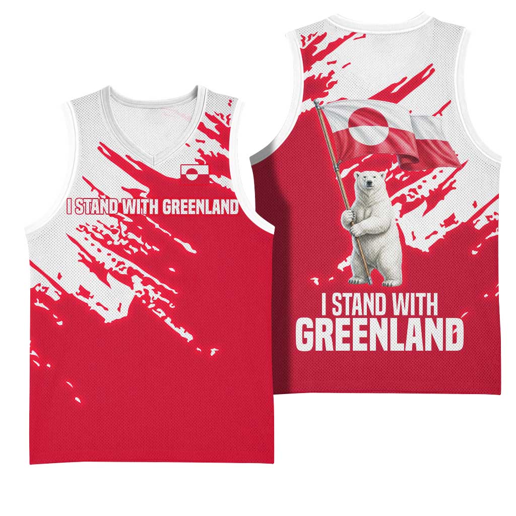 I Stand With Greenland Polar Bear Basketball Jersey with Splattered Flag Pattern