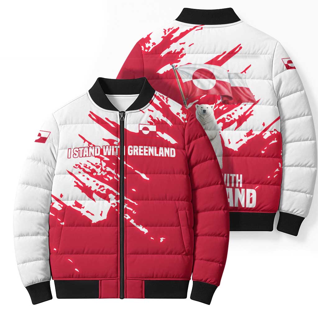 I Stand With Greenland Polar Bear Bomber Puffer Jacket with Splattered Flag Pattern