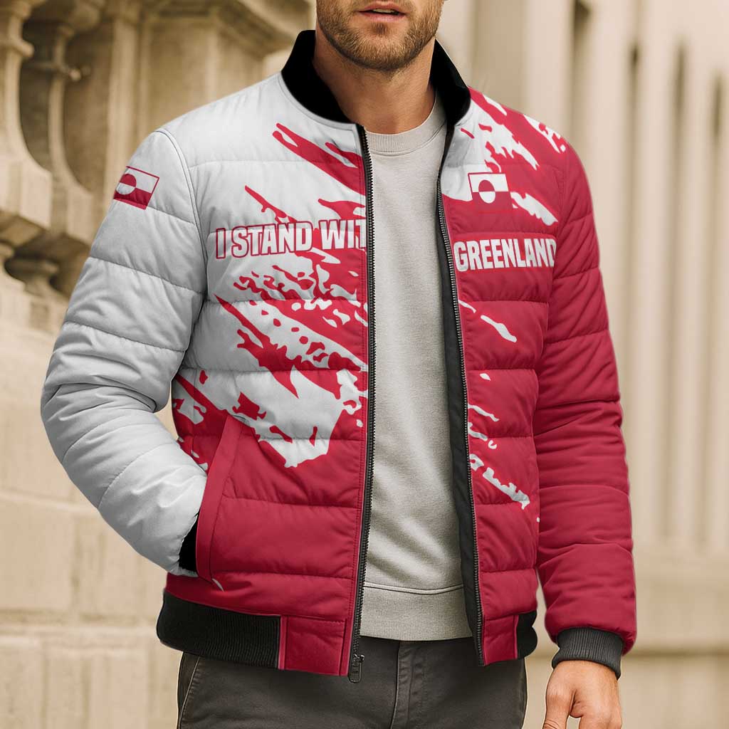 I Stand With Greenland Polar Bear Bomber Puffer Jacket with Splattered Flag Pattern