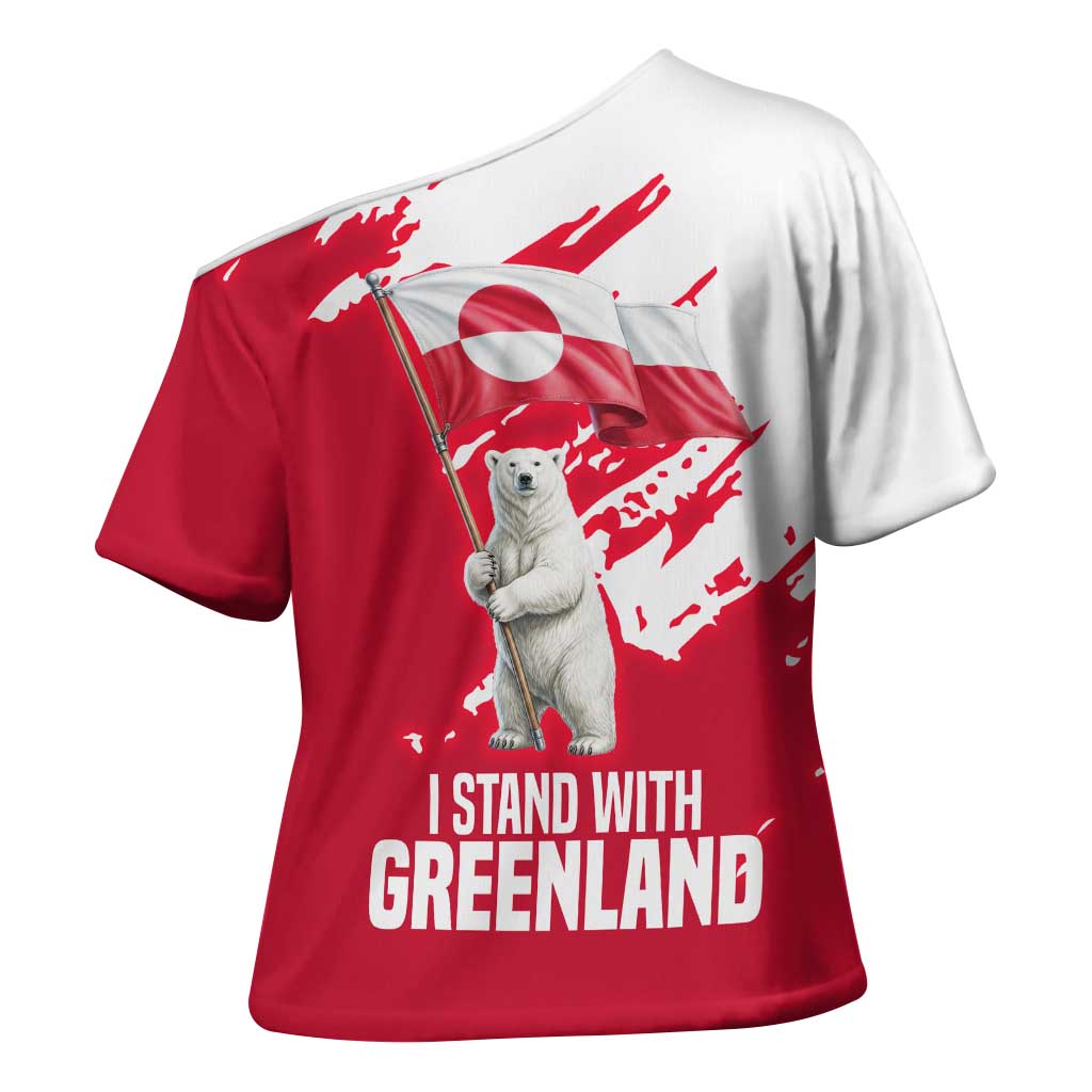 I Stand With Greenland Polar Bear Cross Shoulder Shirt with Splattered Flag Pattern