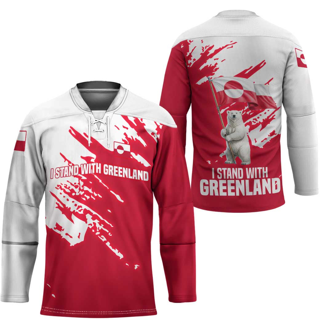 I Stand With Greenland Polar Bear Hockey Jersey with Splattered Flag Pattern