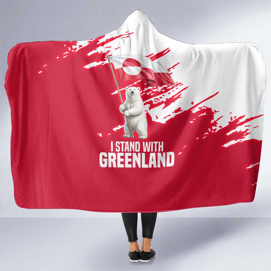 I Stand With Greenland Polar Bear Hooded Blanket with Splattered Flag Pattern