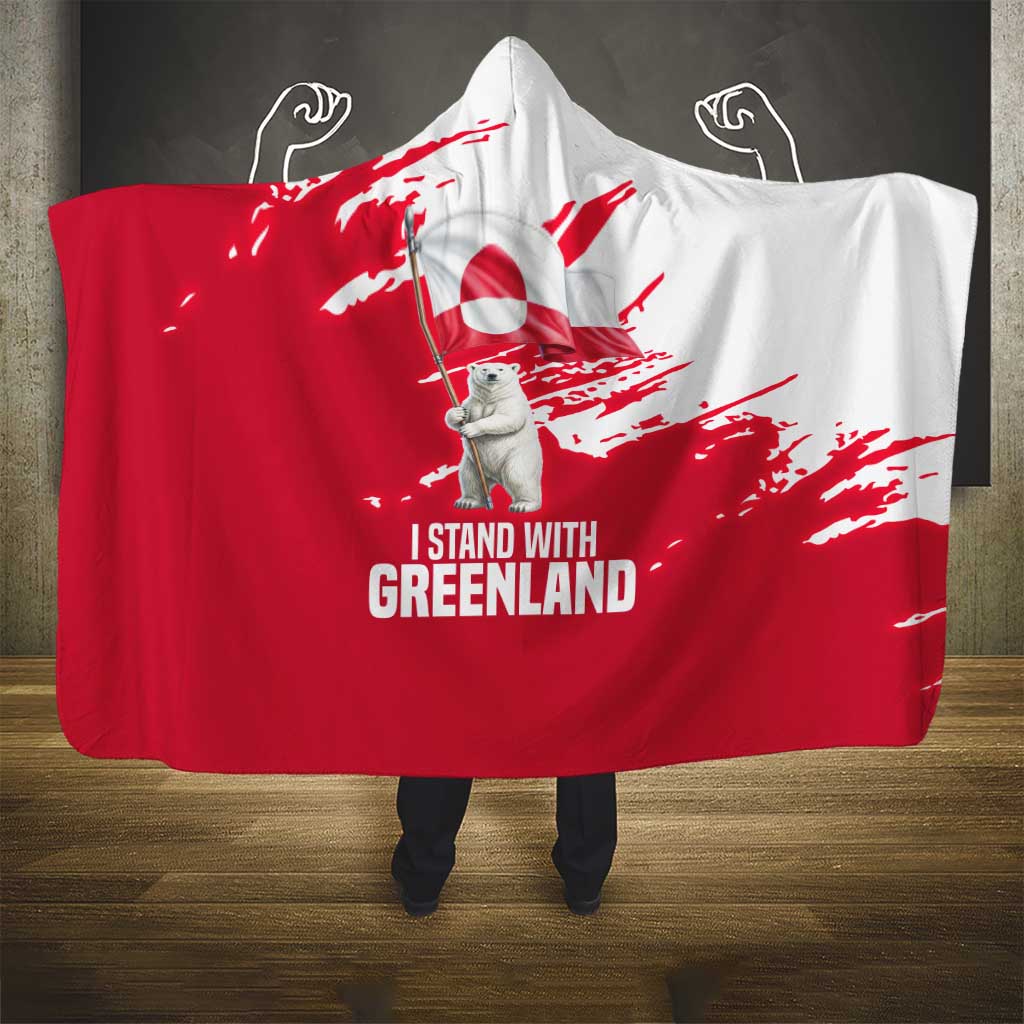 I Stand With Greenland Polar Bear Hooded Blanket with Splattered Flag Pattern