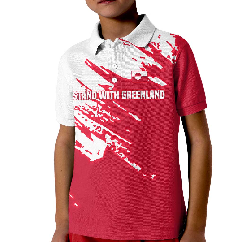 I Stand With Greenland Polar Bear Kid Polo Shirt with Splattered Flag Pattern