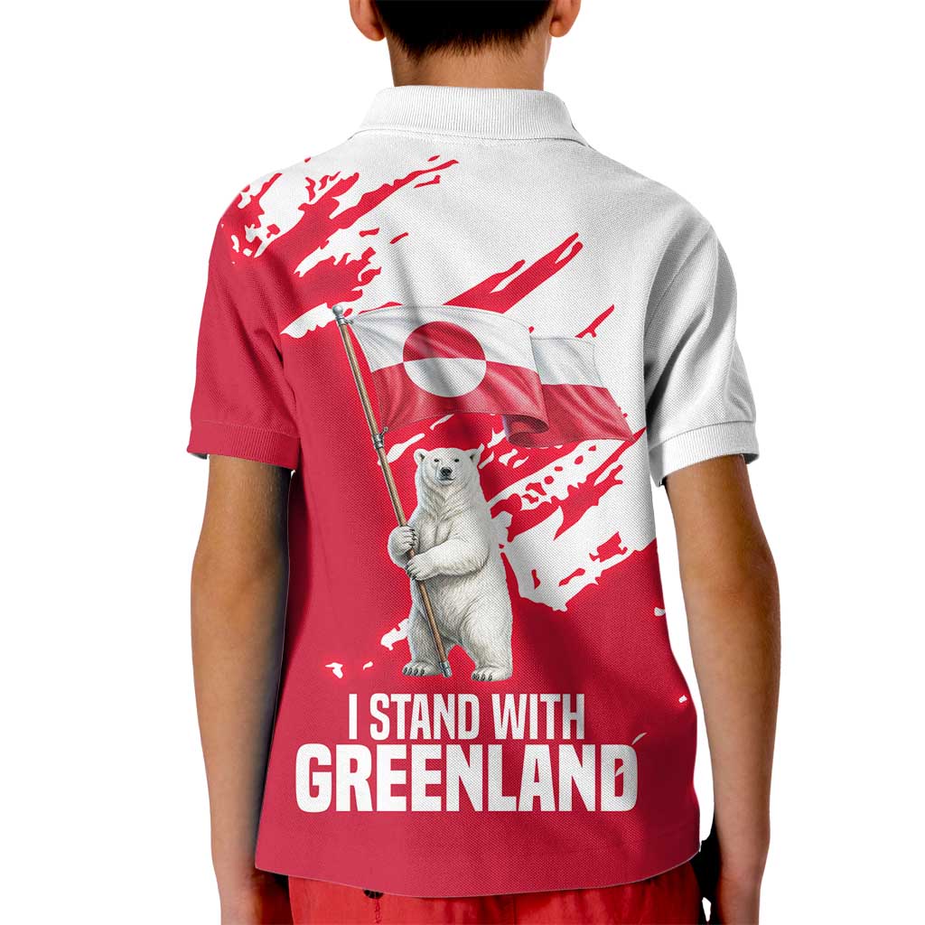 I Stand With Greenland Polar Bear Kid Polo Shirt with Splattered Flag Pattern