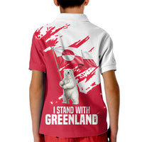 I Stand With Greenland Polar Bear Kid Polo Shirt with Splattered Flag Pattern