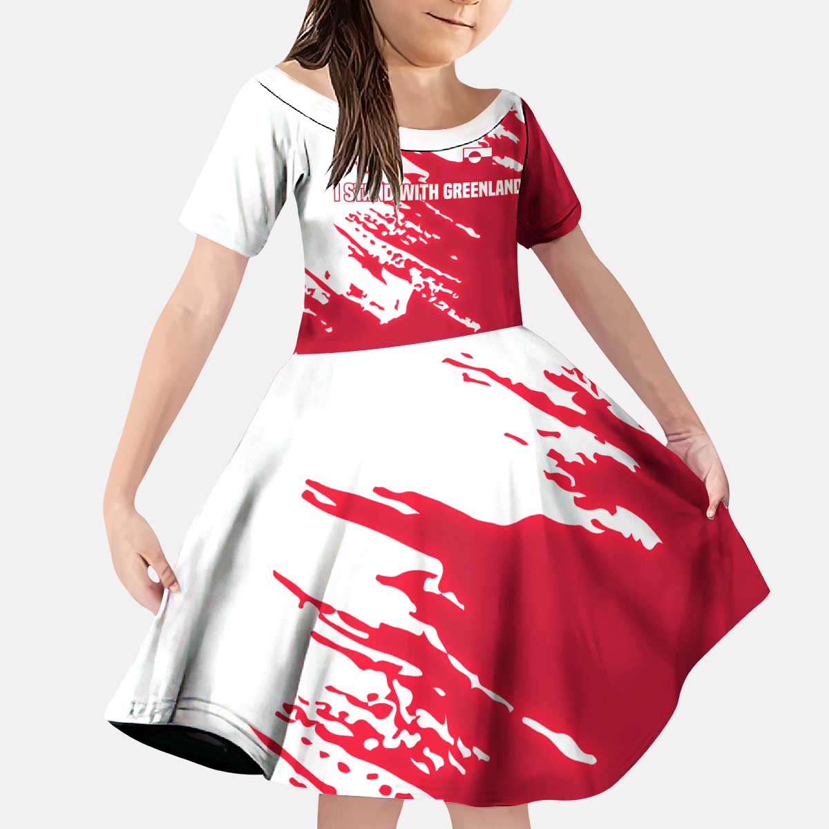 I Stand With Greenland Polar Bear Kid Short Sleeve Dress with Splattered Flag Pattern