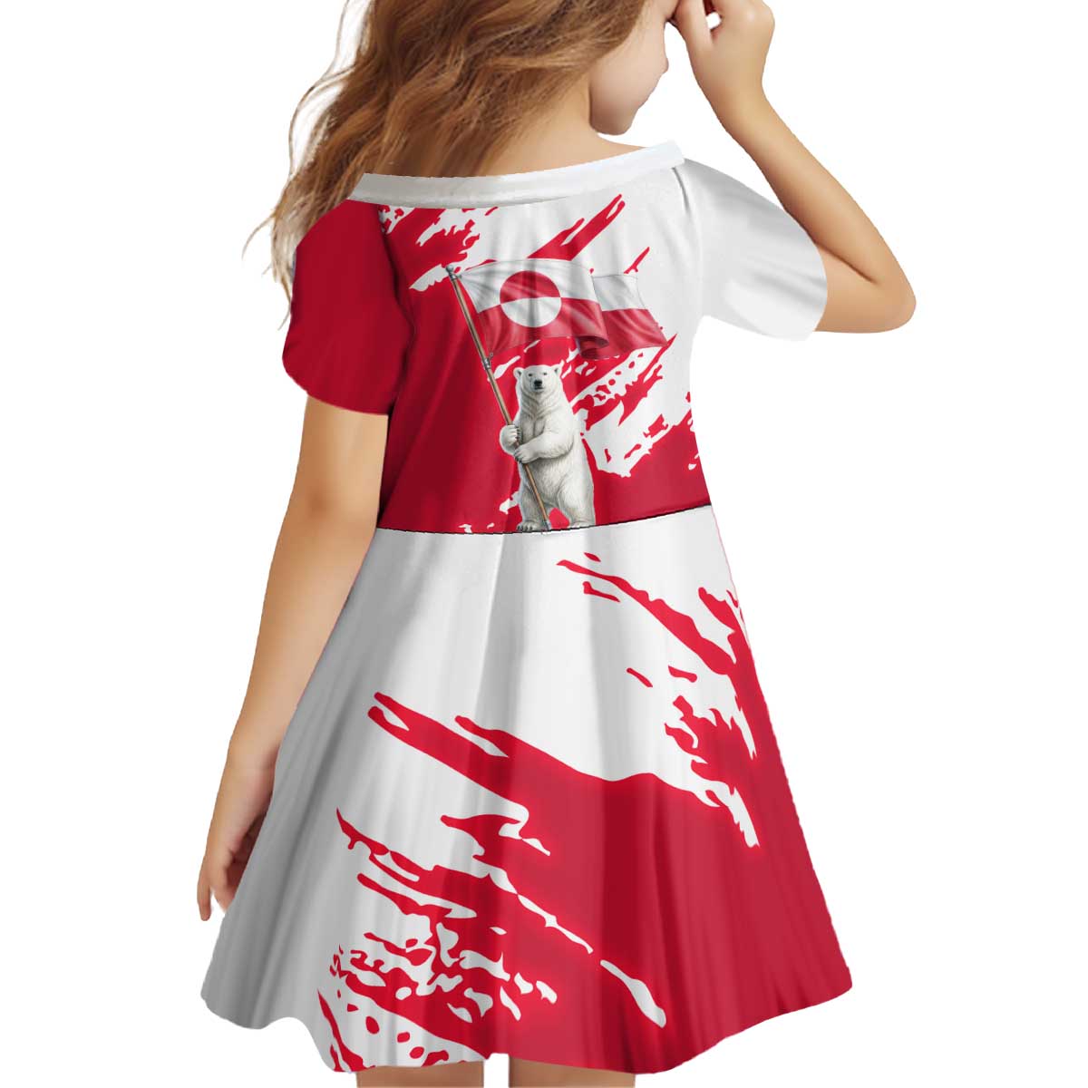 I Stand With Greenland Polar Bear Kid Short Sleeve Dress with Splattered Flag Pattern