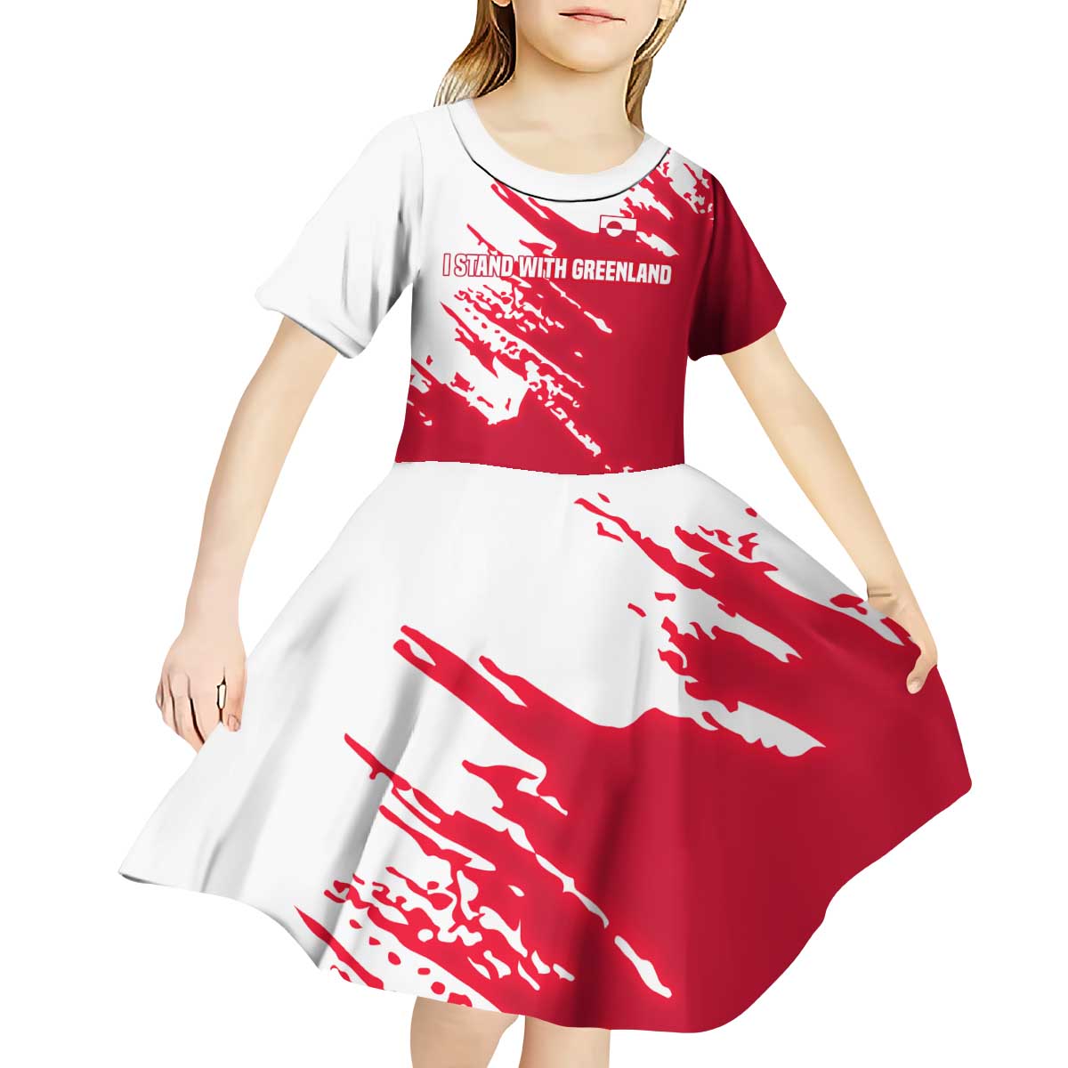 I Stand With Greenland Polar Bear Kid Short Sleeve Dress with Splattered Flag Pattern