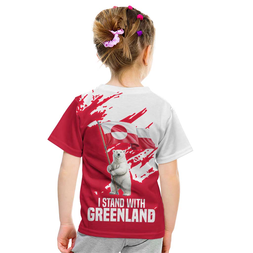I Stand With Greenland Polar Bear Kid T Shirt with Splattered Flag Pattern