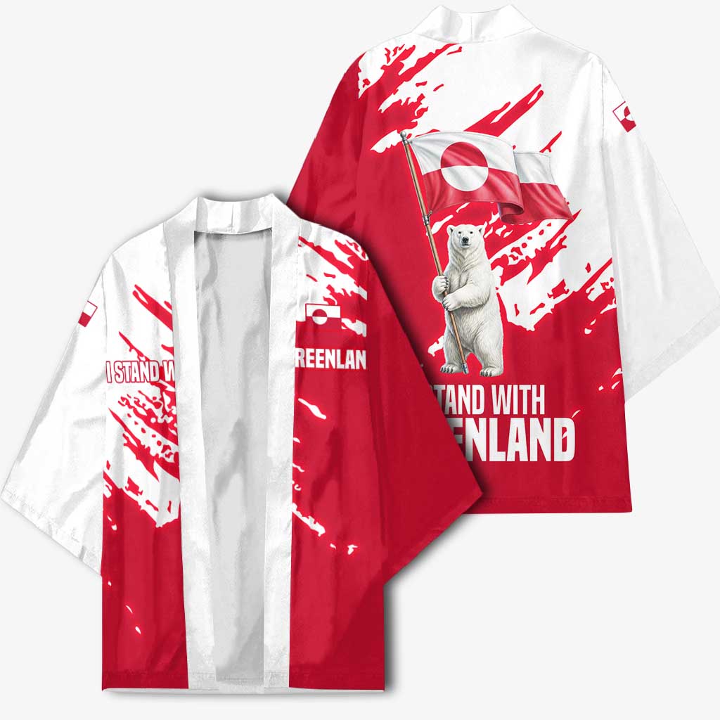 I Stand With Greenland Polar Bear Kimono with Splattered Flag Pattern