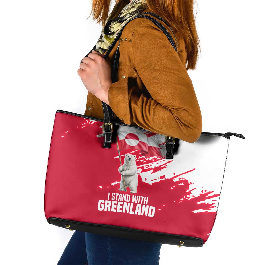 I Stand With Greenland Polar Bear Leather Tote Bag with Splattered Flag Pattern