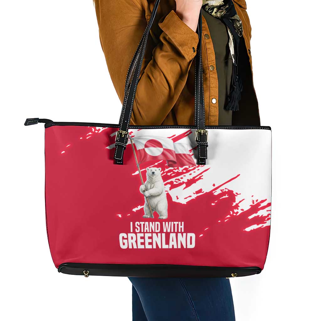 I Stand With Greenland Polar Bear Leather Tote Bag with Splattered Flag Pattern