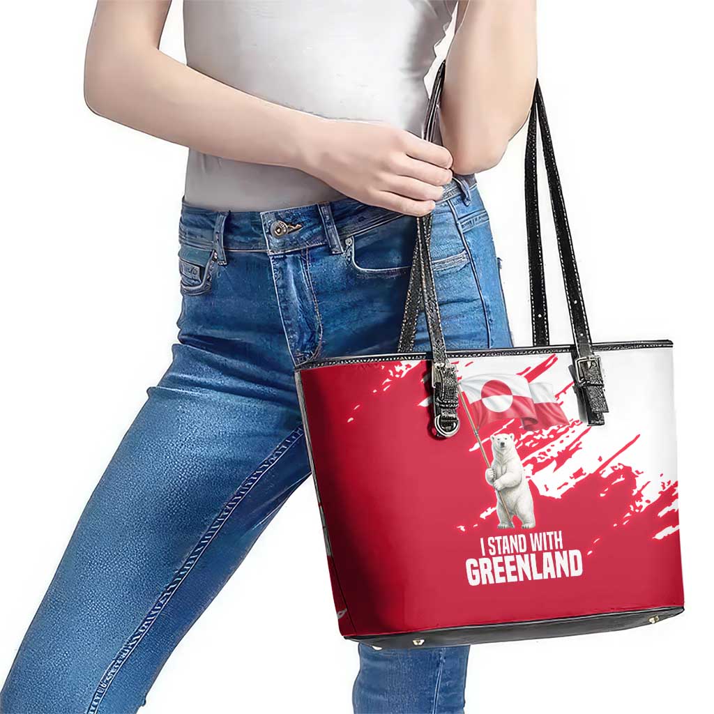 I Stand With Greenland Polar Bear Leather Tote Bag with Splattered Flag Pattern