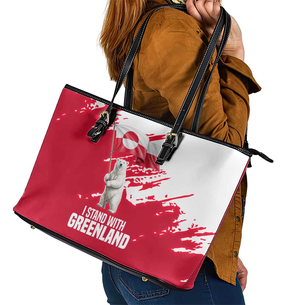 I Stand With Greenland Polar Bear Leather Tote Bag with Splattered Flag Pattern