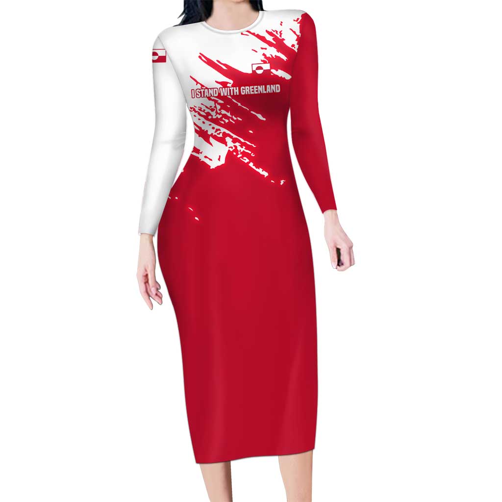 I Stand With Greenland Polar Bear Long Sleeve Bodycon Dress with Splattered Flag Pattern