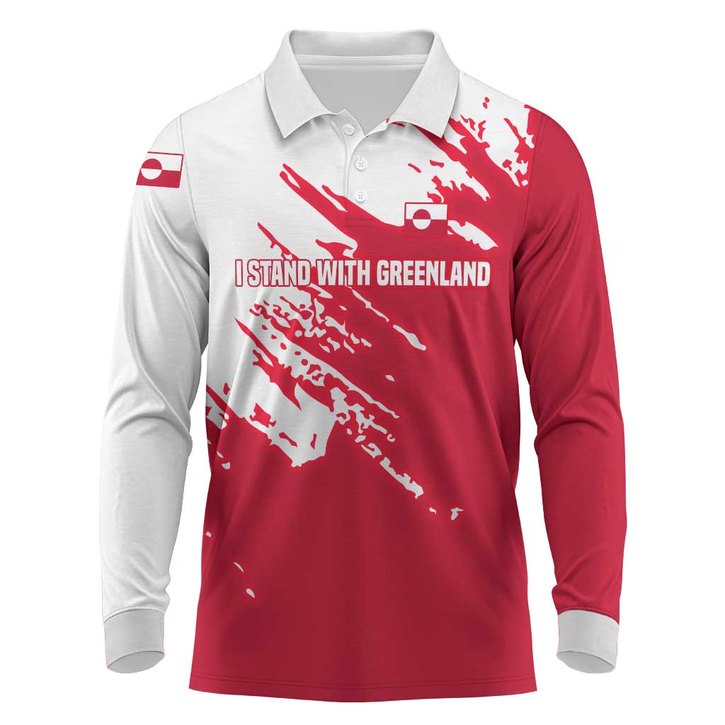 I Stand With Greenland Polar Bear Long Sleeve Polo Shirt with Splattered Flag Pattern
