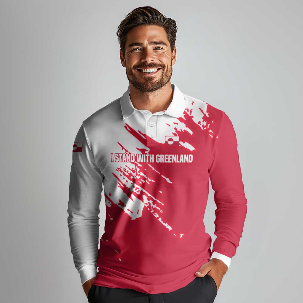 I Stand With Greenland Polar Bear Long Sleeve Polo Shirt with Splattered Flag Pattern