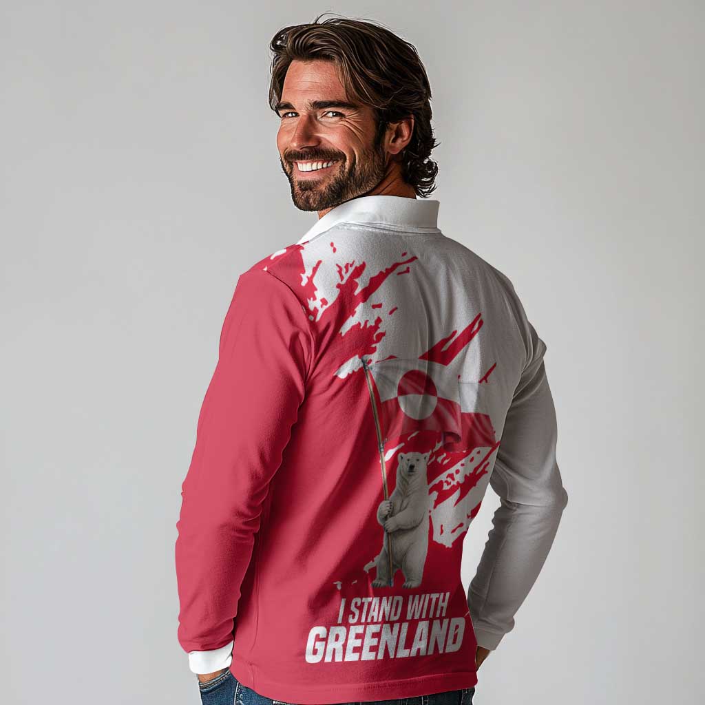 I Stand With Greenland Polar Bear Long Sleeve Polo Shirt with Splattered Flag Pattern