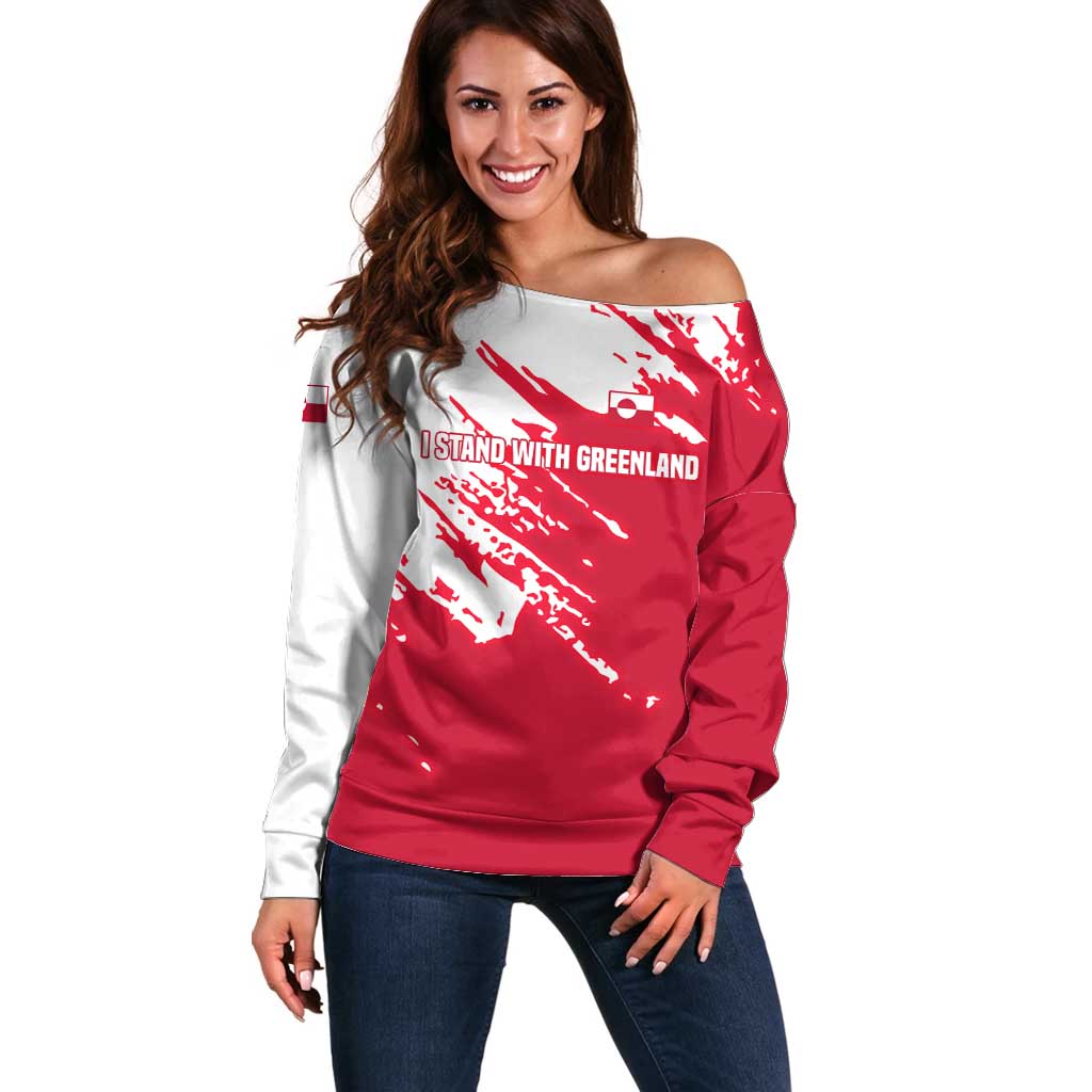 I Stand With Greenland Polar Bear Off Shoulder Sweater with Splattered Flag Pattern