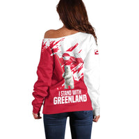 I Stand With Greenland Polar Bear Off Shoulder Sweater with Splattered Flag Pattern