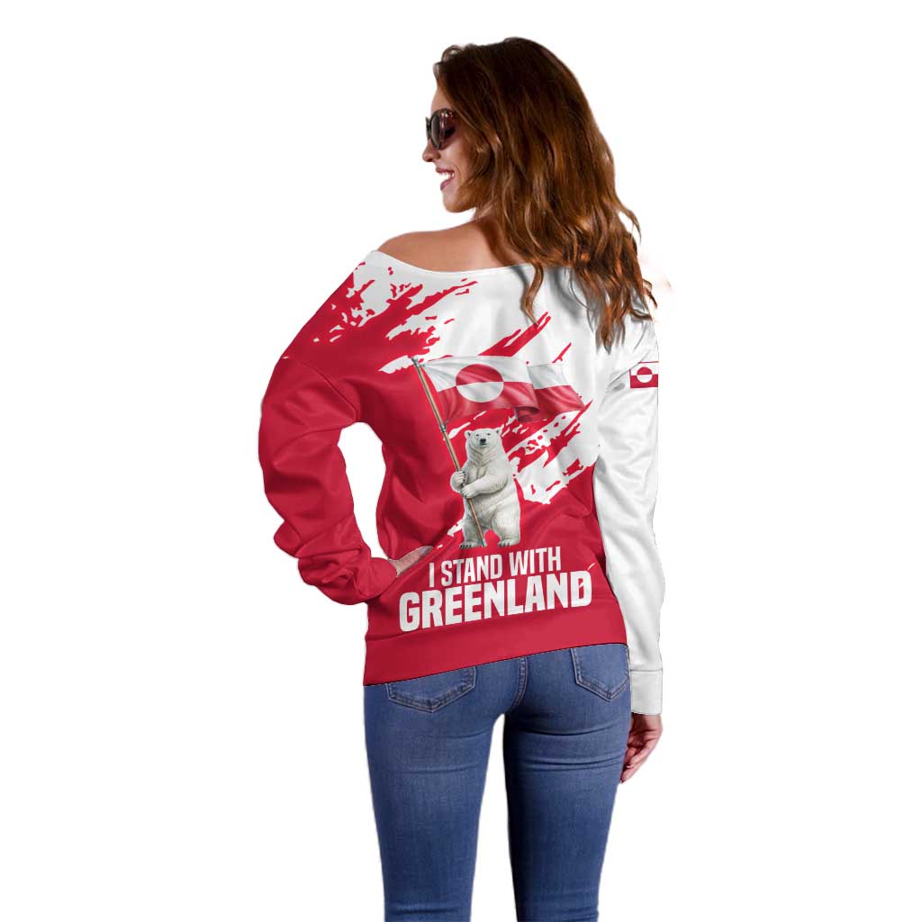 I Stand With Greenland Polar Bear Off Shoulder Sweater with Splattered Flag Pattern
