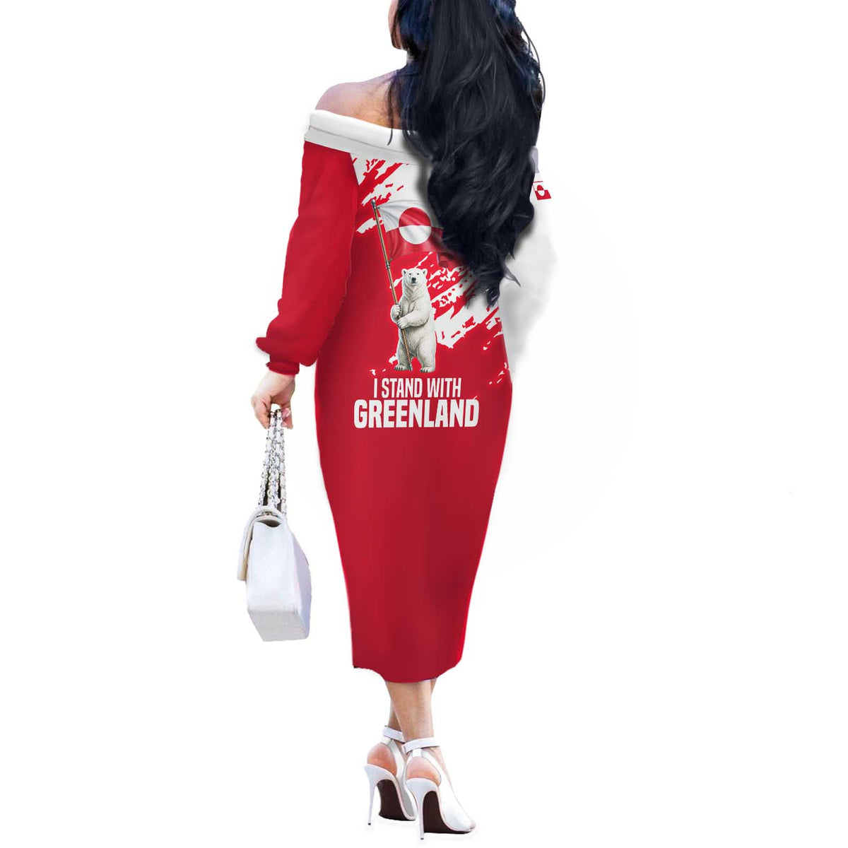 I Stand With Greenland Polar Bear Off The Shoulder Long Sleeve Dress with Splattered Flag Pattern