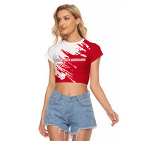 I Stand With Greenland Polar Bear Raglan Cropped T Shirt with Splattered Flag Pattern