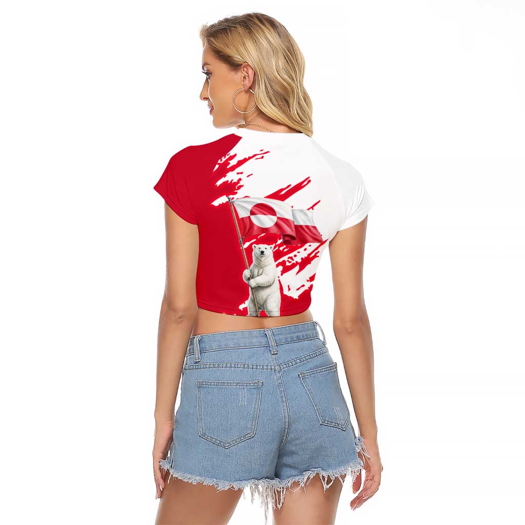 I Stand With Greenland Polar Bear Raglan Cropped T Shirt with Splattered Flag Pattern