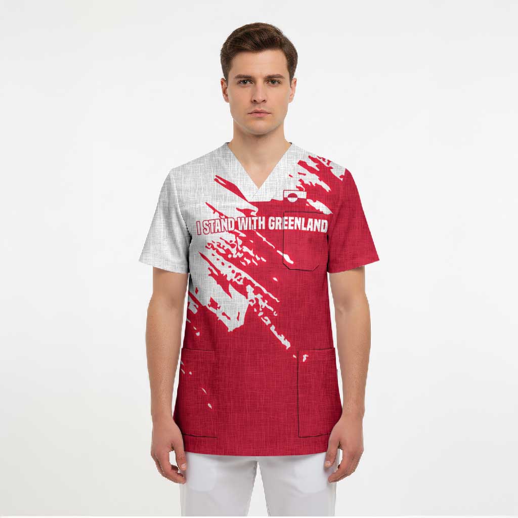 I Stand With Greenland Polar Bear Scrub Top with Splattered Flag Pattern